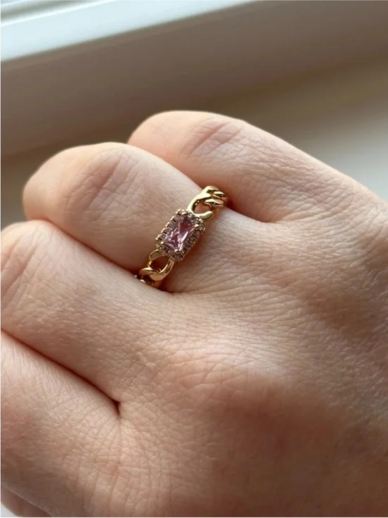 Gold Plated Chain Link Ring Pink Emerald Cut CZ Halo Size 6 Statement Ring - Picture 7 of 9